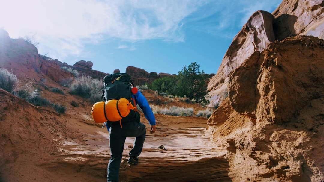 A backpacker with orange gear and a blue shirt hikes through a desert canyon with distinctive red and white striped rock formations. - Photo by Matt Gross on Unsplash