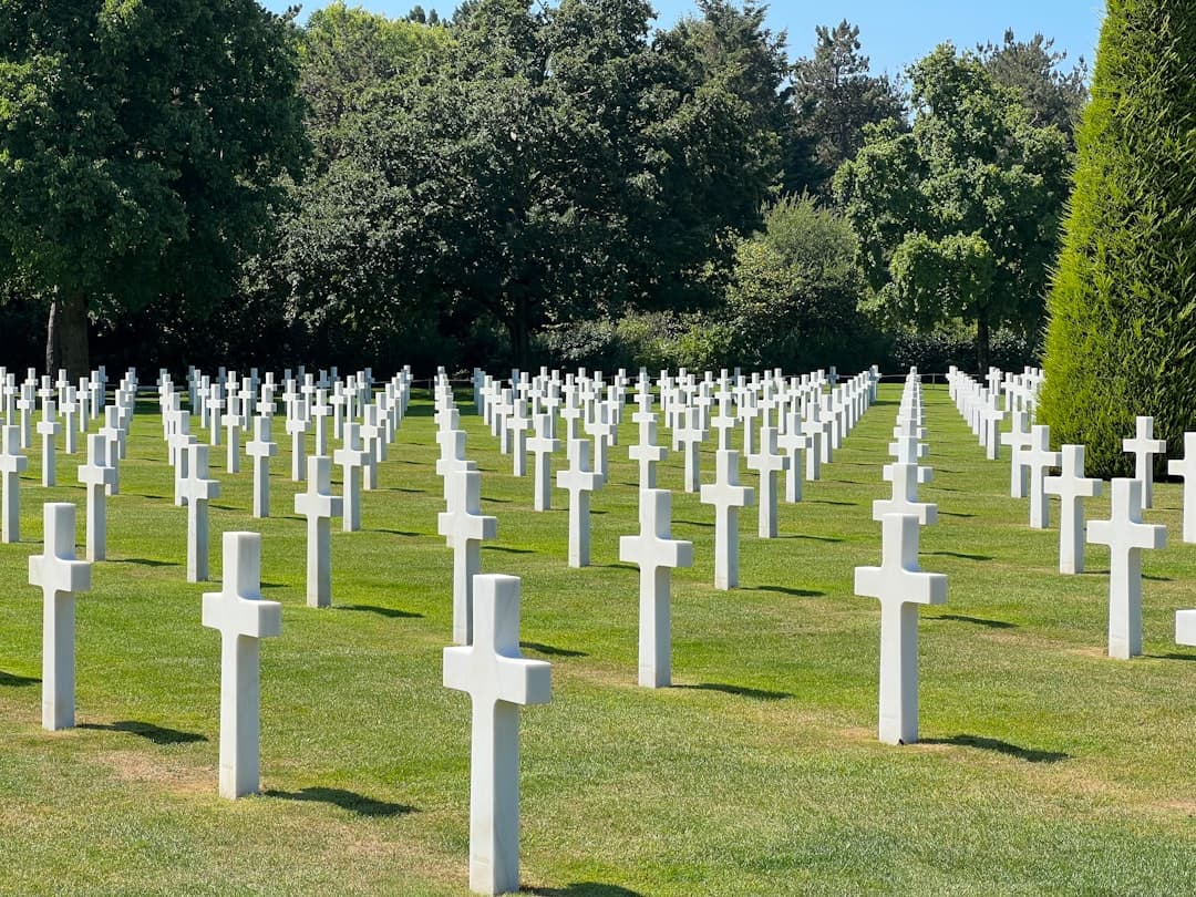 A formal military cemetery with rows of white Latin crosses marking graves, set on well-maintained grass with mature trees in the background under clear sky. - Photo by Datingjungle on Unsplash