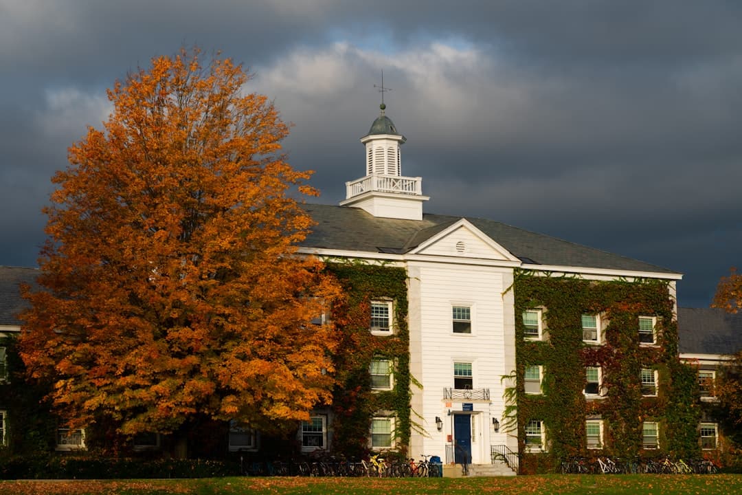 A Federal-style building with white-painted wooden facade and green cupola, partially covered in ivy, photographed in autumn with a vibrant golden tree in the foreground under dramatic cloudy skies. - Photo by Austin on Unsplash